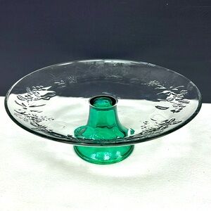 Vintage Anchor Hocking 13.5” clear glass with green glass pedestal cake stand
